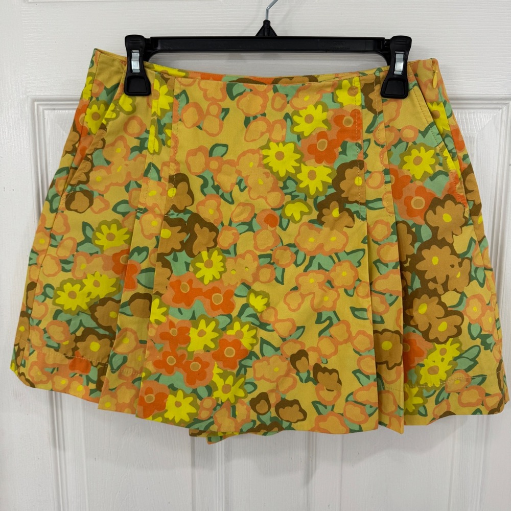 Tory Burch Yellow Floral Pleated Wide Leg Mini Skort Retro 70s Print Size 6